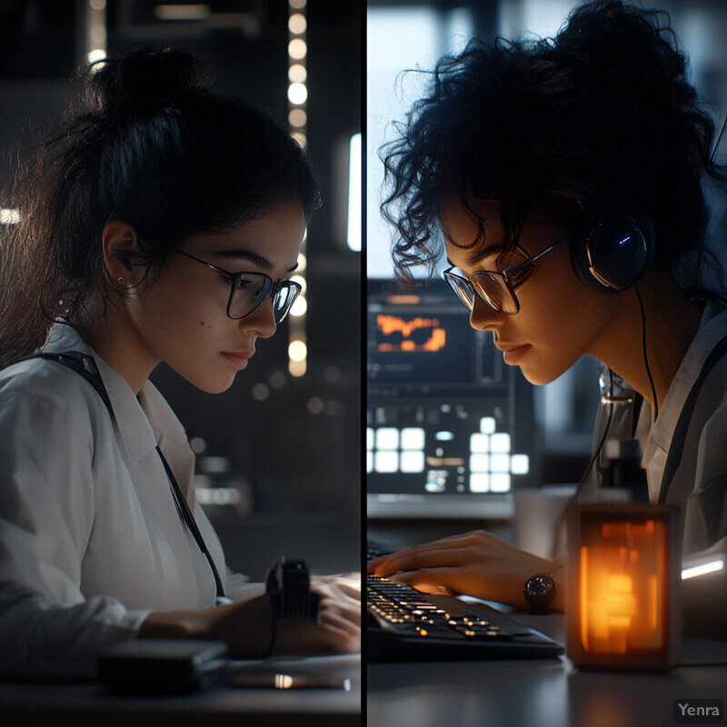 Two individuals working at their desks in a dimly lit room.