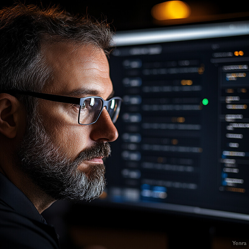 A man is sitting at his desk, intently looking at something in front of him.