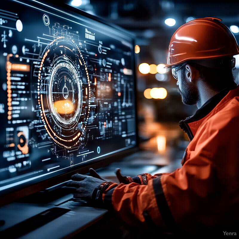 An industrial worker examines a computer screen displaying a complex control panel.