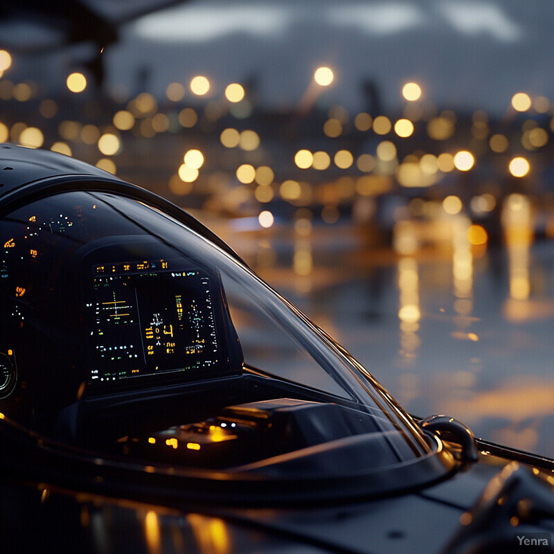 A cockpit with a screen and controls in front of it, surrounded by a cityscape at night.