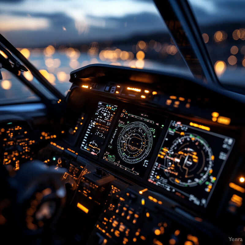 The image shows the cockpit of an airplane with various instruments and controls illuminated in black, white, yellow, and green.