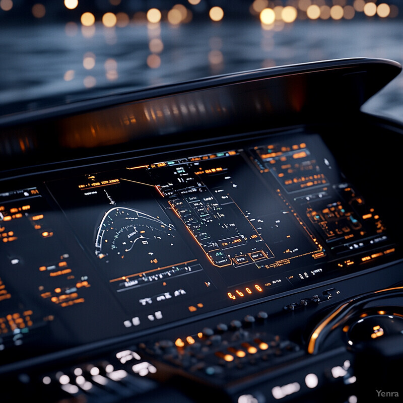 Large screen displaying graphs and charts in an airplane cockpit dashboard.