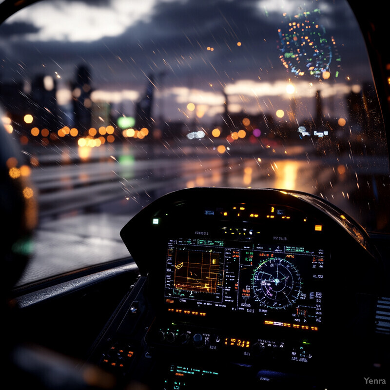 Cockpit of an aircraft with illuminated instrument panel and control yoke.