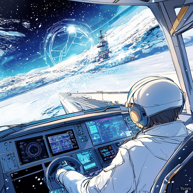 An astronaut in a spaceship cockpit gazes out at a distant planet or moon.