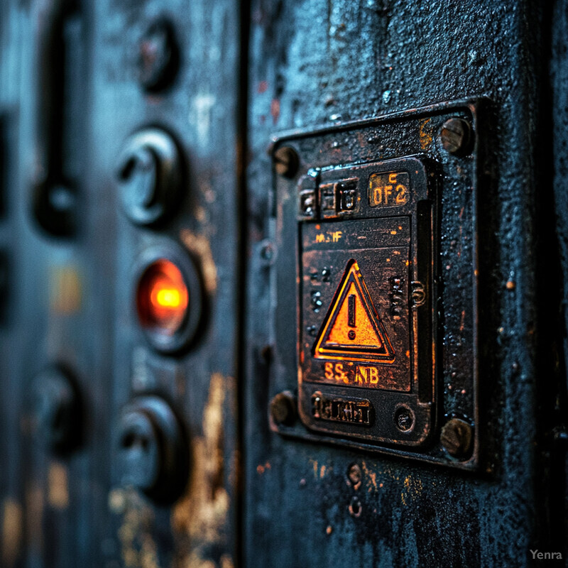 An old metal electrical panel with warning signs and switches.