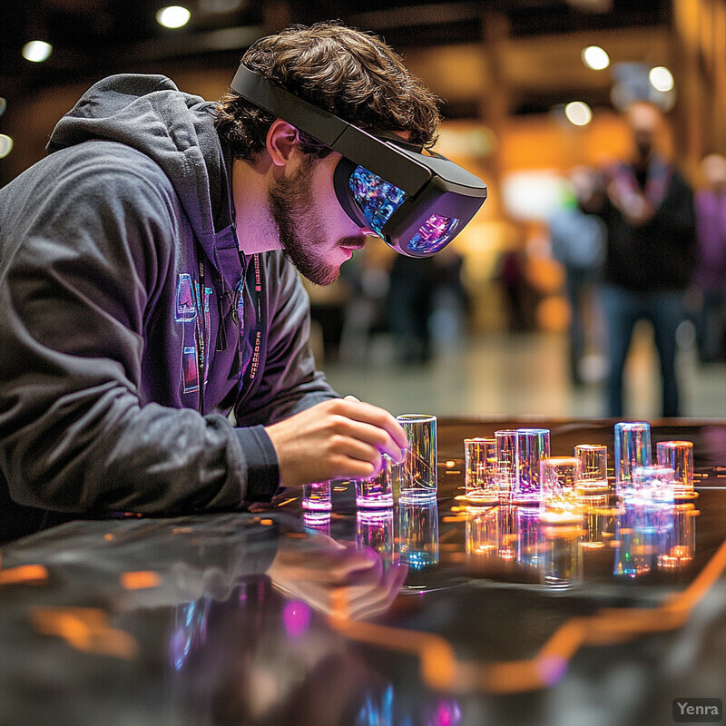 A man uses a VR headset to interact with virtual objects in an immersive training simulation.