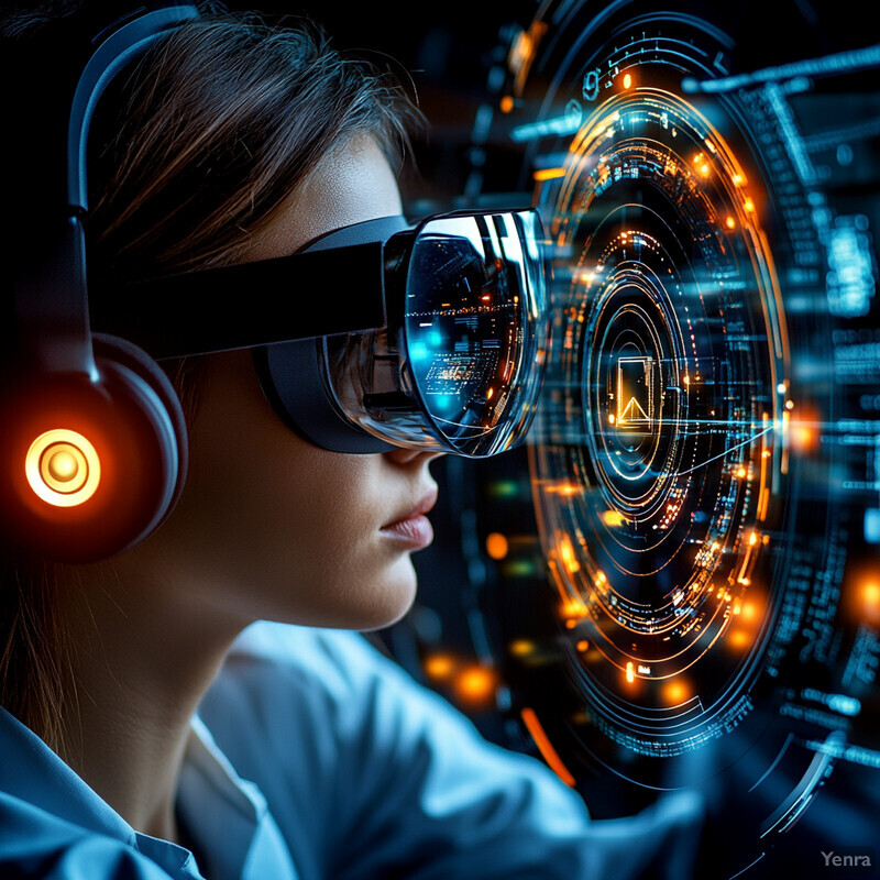 Woman using VR goggles and headphones for enhanced training.