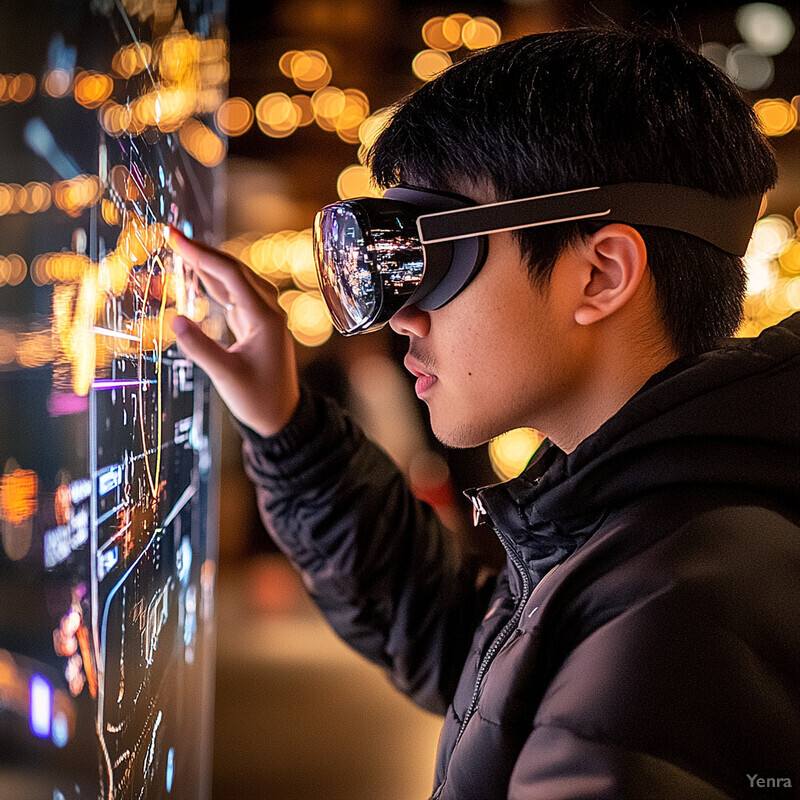 A young man wearing futuristic goggles examines a screen in an indoor setting.