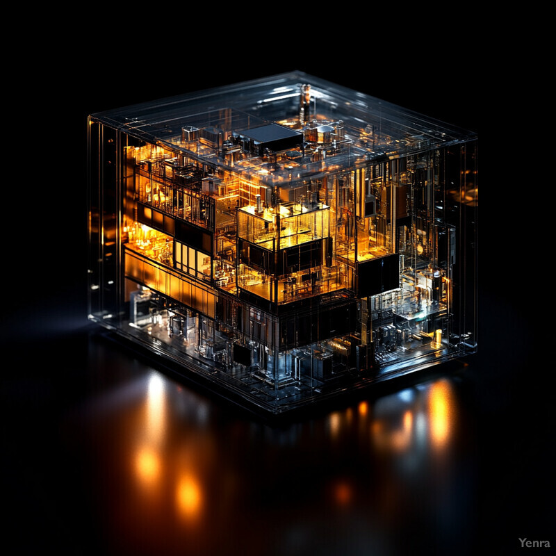 A futuristic device with a transparent cube-like structure emits a warm golden light from within, comprised of numerous small, interconnected components.