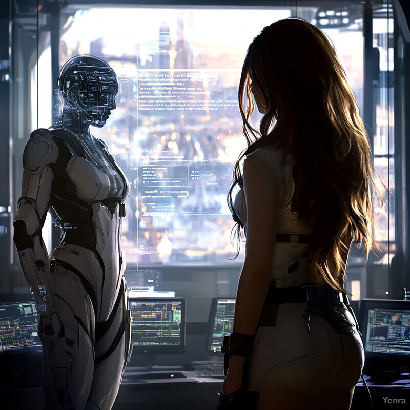 A woman and a humanoid robot stand facing each other in a futuristic control room.