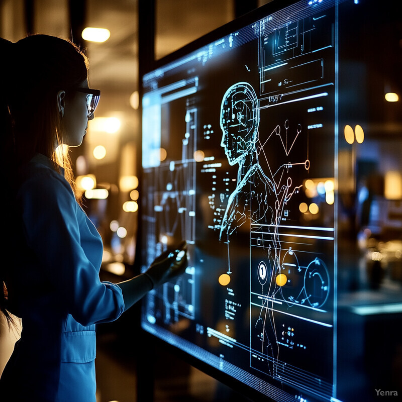 A woman wearing a blue lab coat and safety goggles stands in front of an interactive screen displaying a line diagram related to human anatomy and physiology.