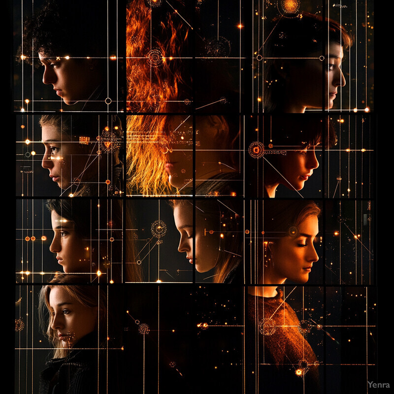 A collage of nine individuals' faces, each illuminated from the right side, arranged in a grid-like pattern.