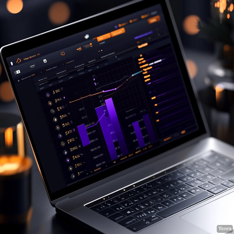 A laptop displaying a bar graph on its screen is placed on a dark table or desk.