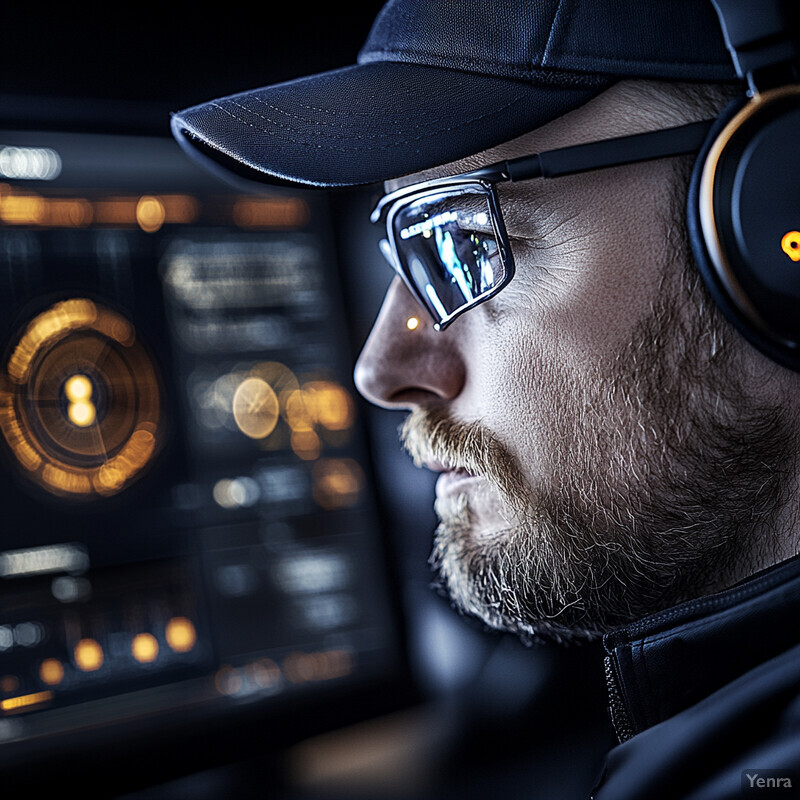 A man is intently focused on a computer screen, wearing headphones and a black cap.