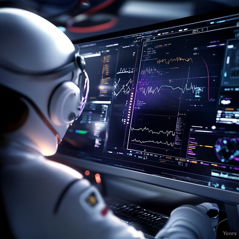 An astronaut is analyzing data from a space mission using a computer screen.