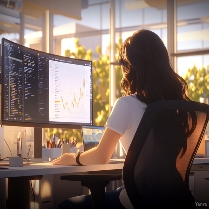 A woman is intently focused on her work at a desk in front of two computer monitors.