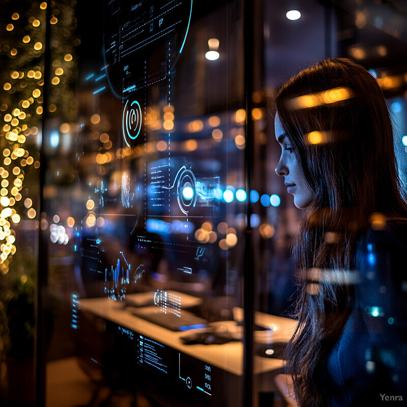 A woman sits at a desk in an office or workspace, gazing out of a window that offers a view of a city street with tall buildings and trees.