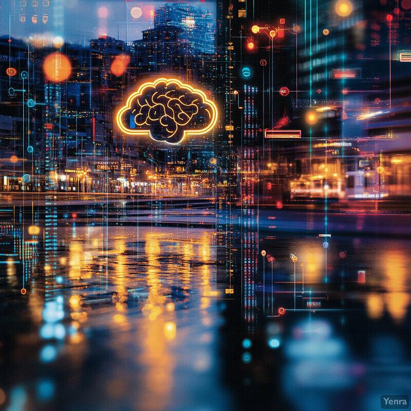 A cityscape at night featuring a prominent brain icon in neon orange and yellow, set against a dark blue background with reflections on the wet street.