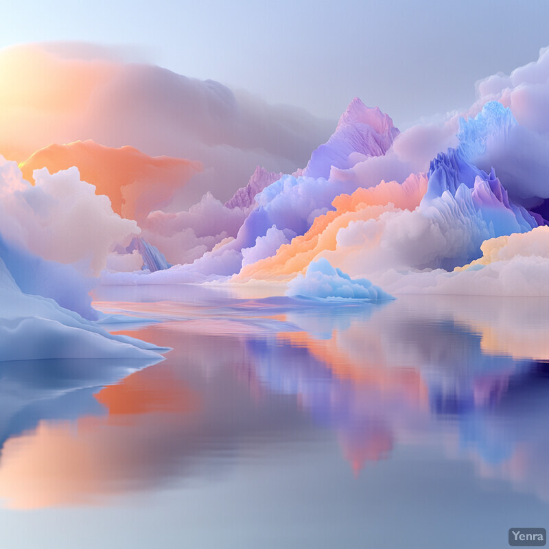 A serene and otherworldly landscape of ice formations and mountains.