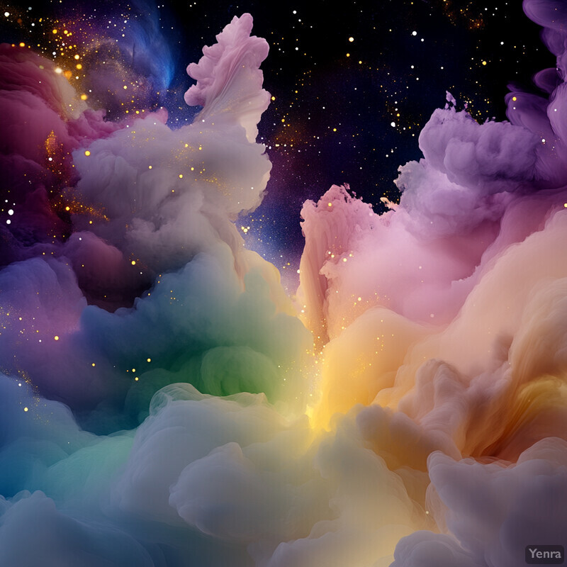 Abstract depiction of clouds in various colors floating against a dark background, possibly created using CGI software.