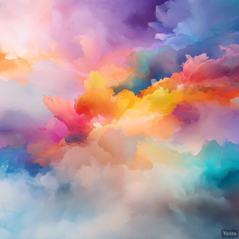 A dynamic and colorful cloud formation is depicted against a deep blue background, evoking a sense of energy and movement.