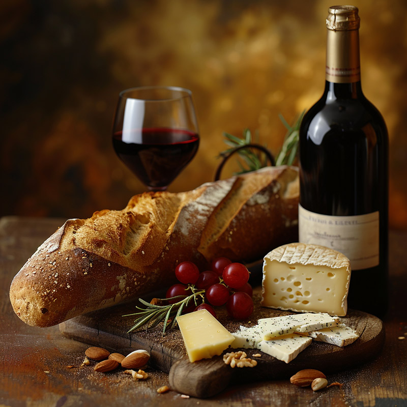 Baguette with Cheese and Wine