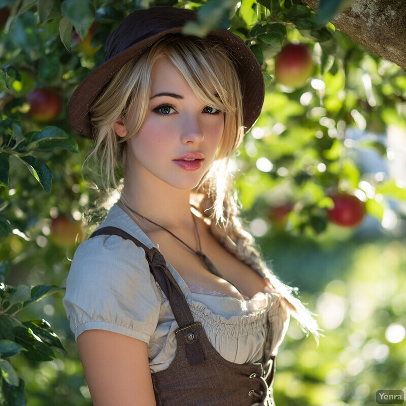 A person in a rustic outfit amidst an apple orchard on a sunny day.