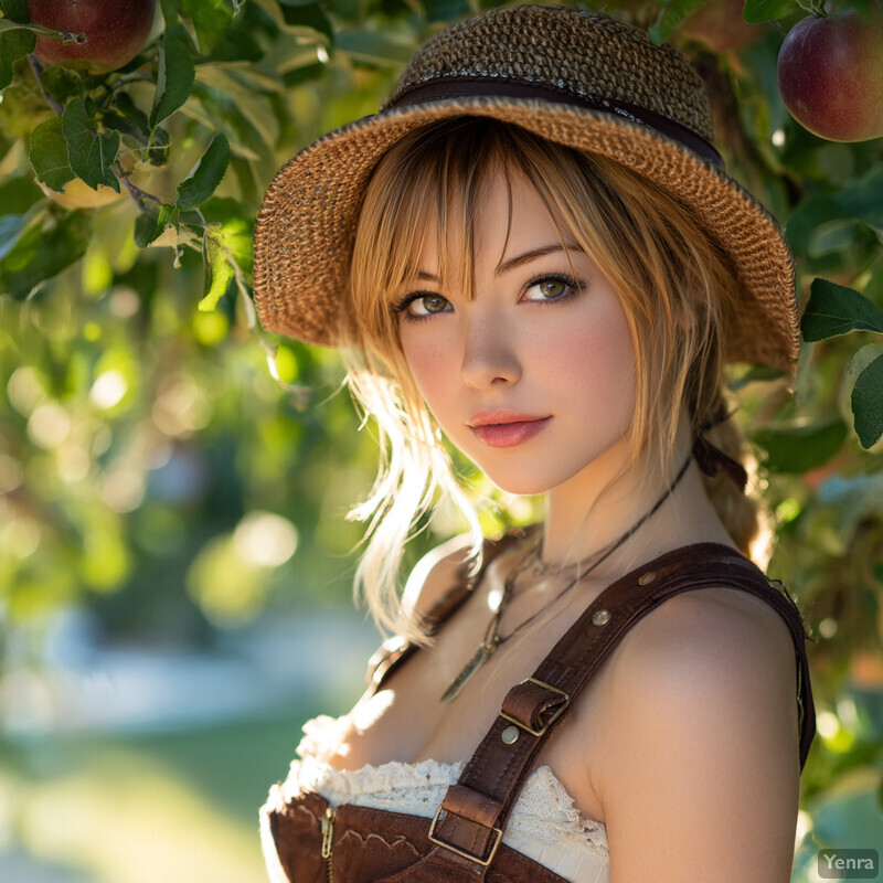 A woman in a rustic, apple orchard setting, wearing a straw hat and brown leather outfit, with a peaceful and natural ambiance.