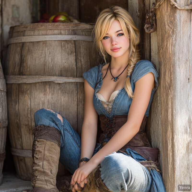 A person in a rustic, casual outfit sitting against a wooden backdrop in a serene, pastoral setting.