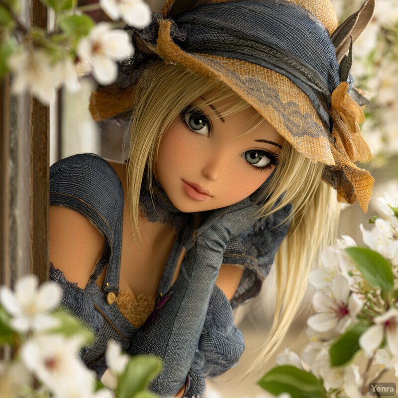 A serene and rustic portrait of a character with blonde hair and a straw hat, set against a background of blooming flowers and greenery.