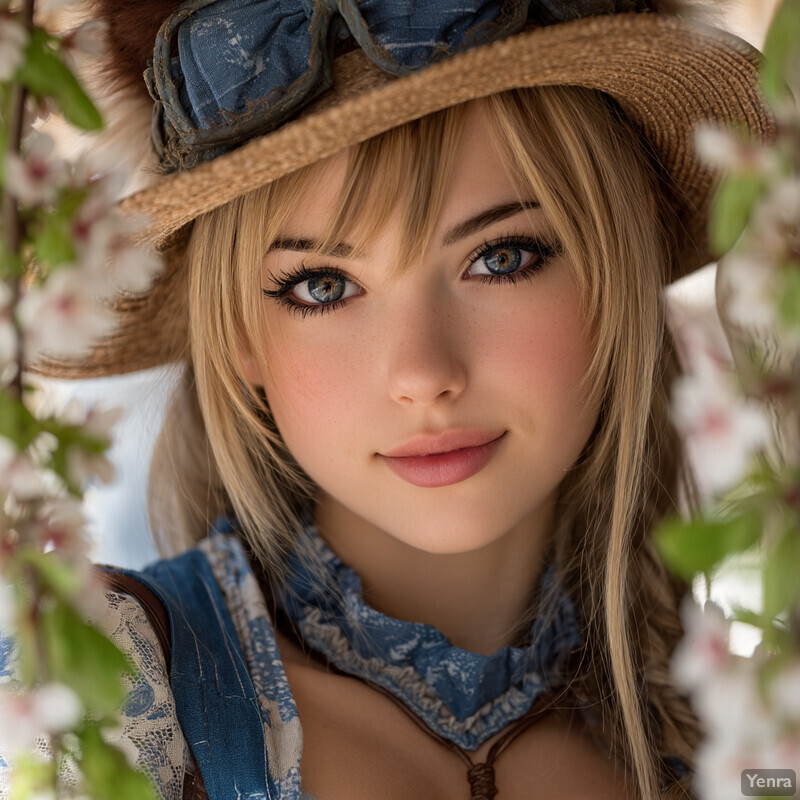 A serene portrait of a person in rustic attire, set against a natural, dreamy background.