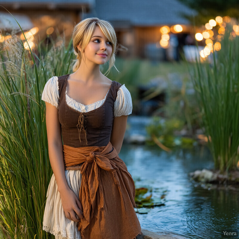 A person in a rustic outfit stands by a body of water, surrounded by lush greenery and warm, glowing lights in a serene outdoor setting.