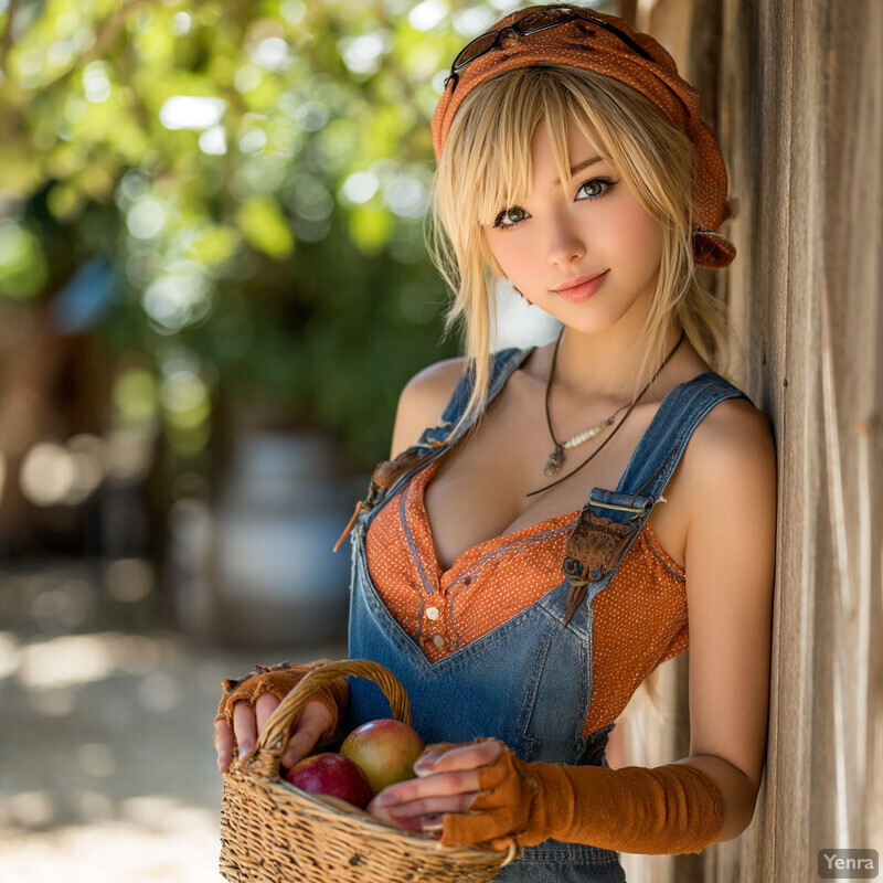 A person in a rustic outfit holding a basket of apples, set against a blurred, sunlit outdoor backdrop.
