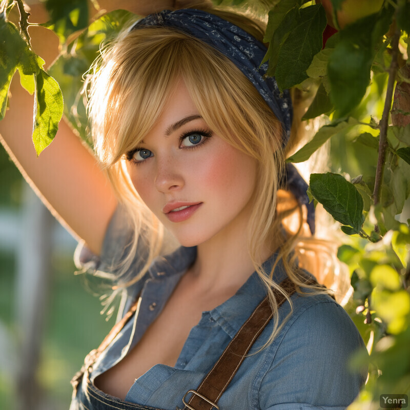 A person in a natural setting, wearing a denim shirt and a bandana, surrounded by green foliage, bathed in soft natural light.
