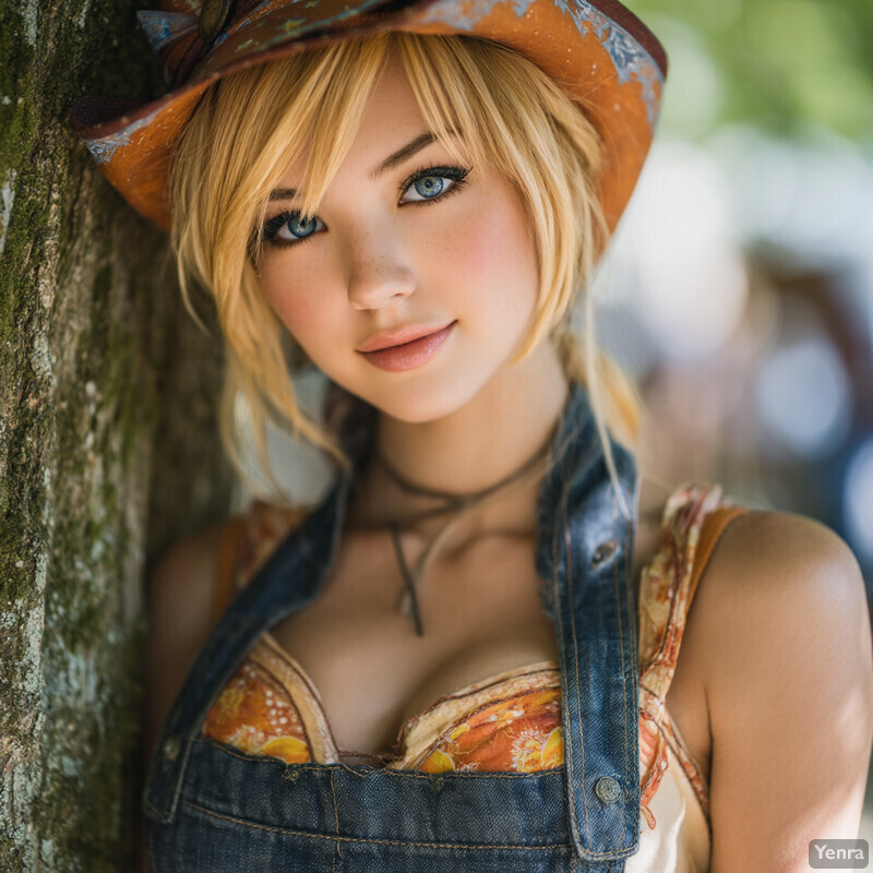 A close-up portrait of a person in a rustic, outdoor setting, wearing a patterned top and denim overalls with a decorative orange cowboy hat.