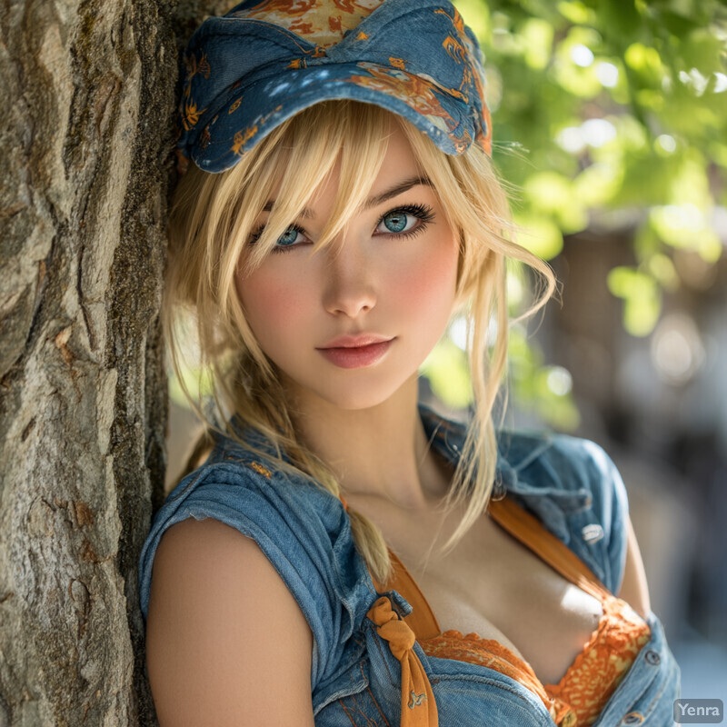 A person in a casual summer outfit leans against a tree, bathed in natural light, creating a tranquil and natural setting.