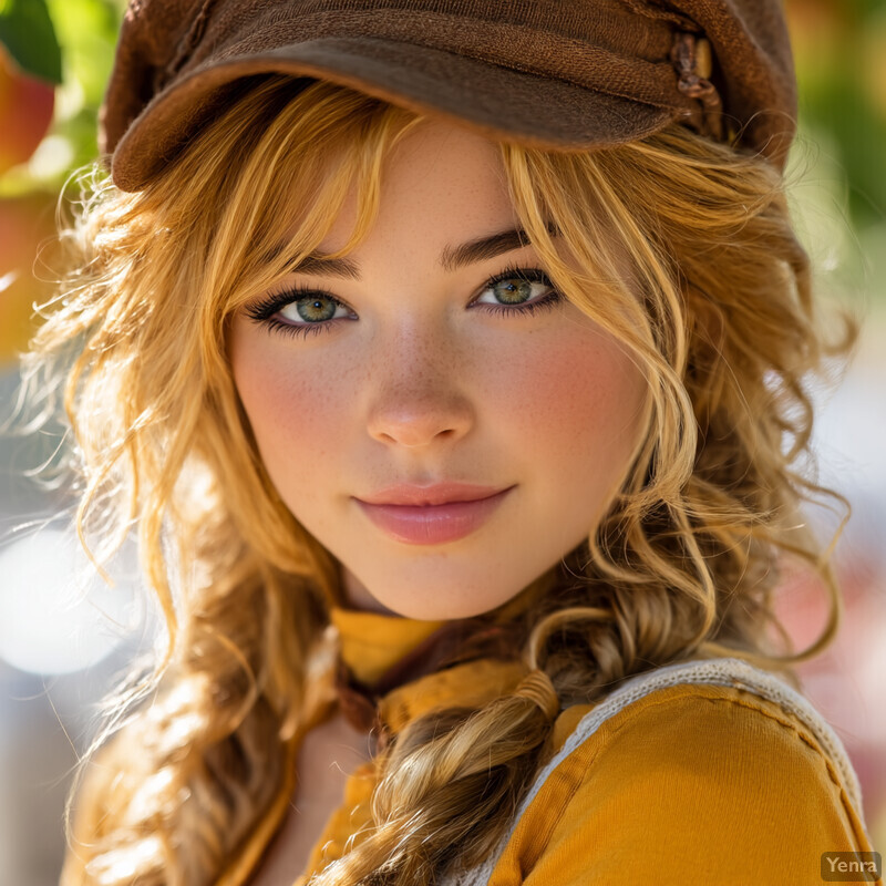 A close-up portrait of a person with golden blonde hair, wearing a brown newsboy cap and a mustard yellow top, set against a softly blurred outdoor background with greenery.