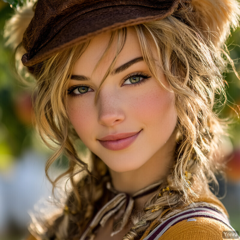 A close-up portrait of a person with a natural, serene expression, wearing a rustic flat cap and vibrant clothing in a softly lit, outdoor setting.