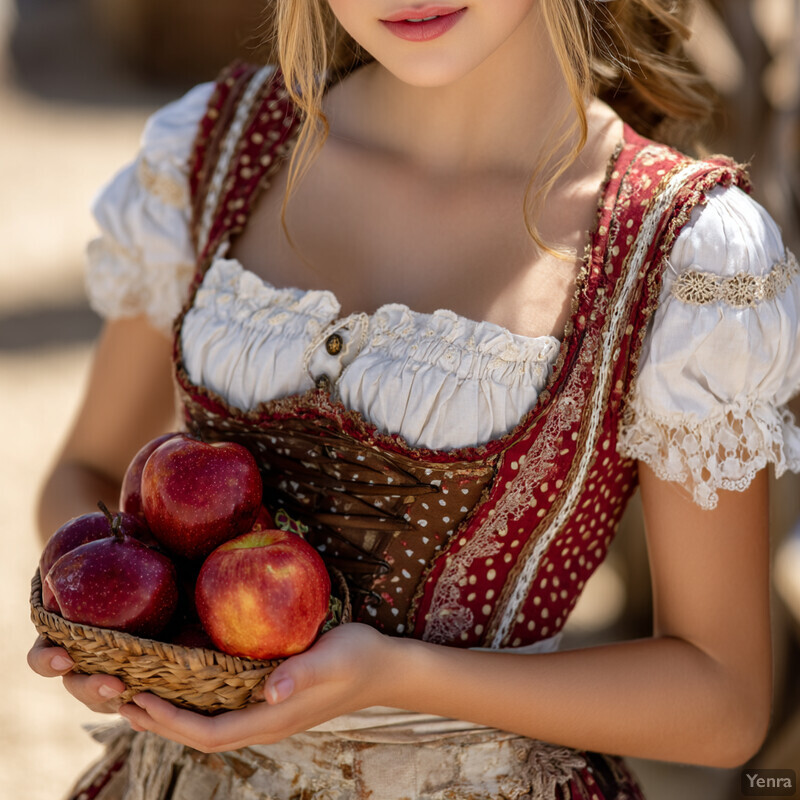 A person in a traditional outfit holding a basket of apples in a softly lit, outdoor setting.