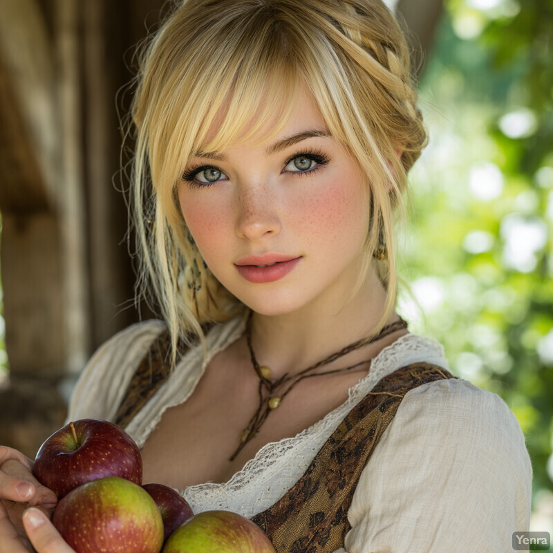 A serene portrait of a person holding apples in a natural setting.