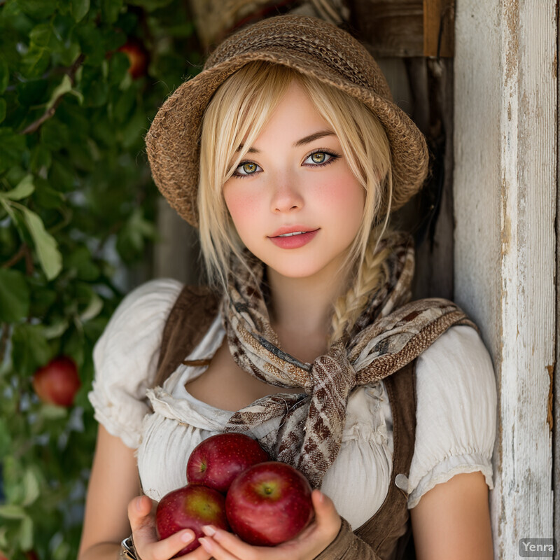 A young woman in a rustic setting, holding apples, with a peaceful expression and a vintage outfit.