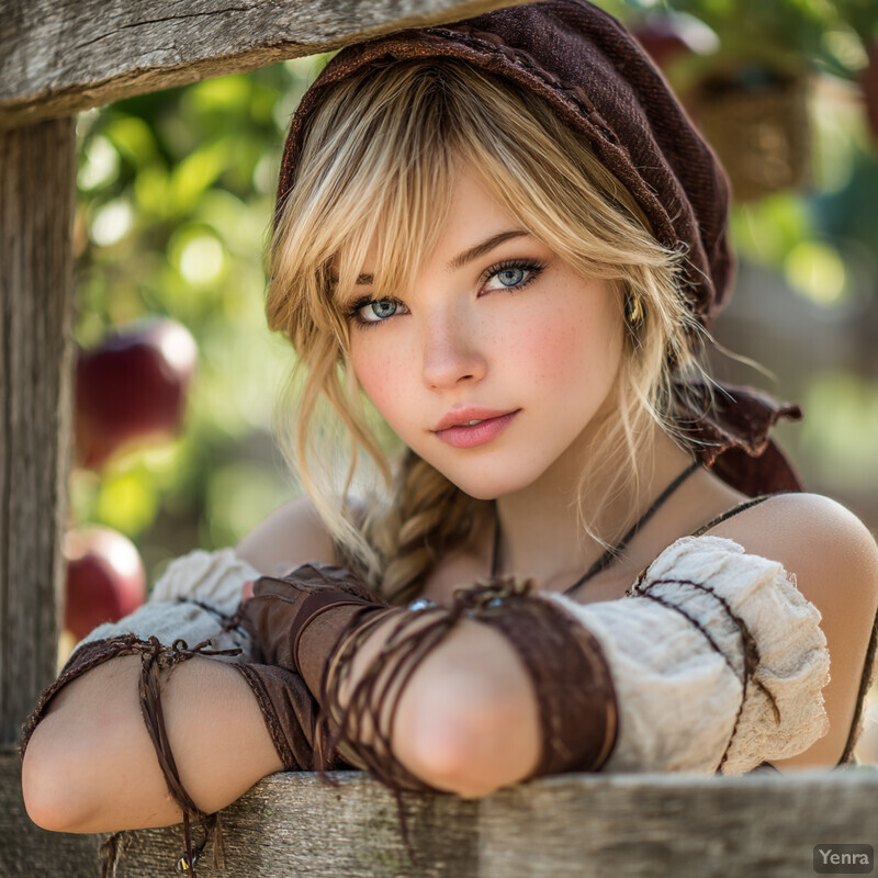 A person in a rustic, medieval-style outfit, leaning against a wooden structure in a serene outdoor setting.