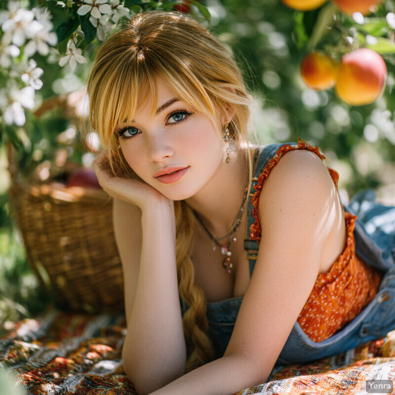 A young woman lounging in an orchard with blooming apple trees and ripe apples, dressed in a denim top with floral patterns, surrounded by lush greenery and white blossoms.