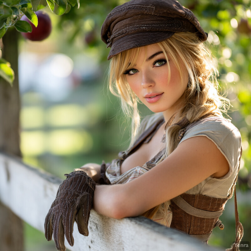 A person in rustic attire, leaning on a wooden fence, amidst a lush, sunlit outdoor setting.