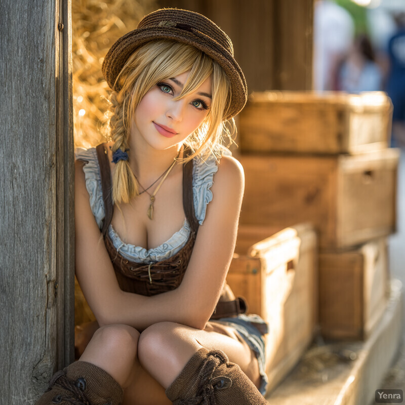 A person in a traditional Dirndl, seated in a rustic doorway, bathed in golden sunlight.
