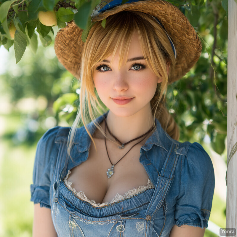 A tranquil portrait of a woman in a rustic, pastoral setting, wearing a straw hat and a denim overall dress, with a soft, natural background.
