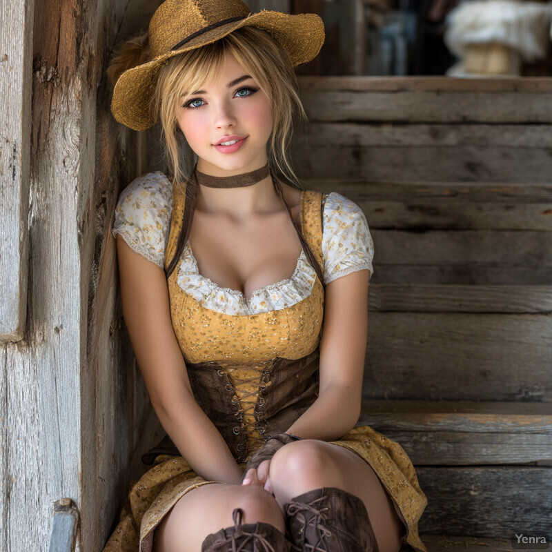 A person in a traditional dirndl and straw hat is seated on wooden steps in a rustic outdoor setting.