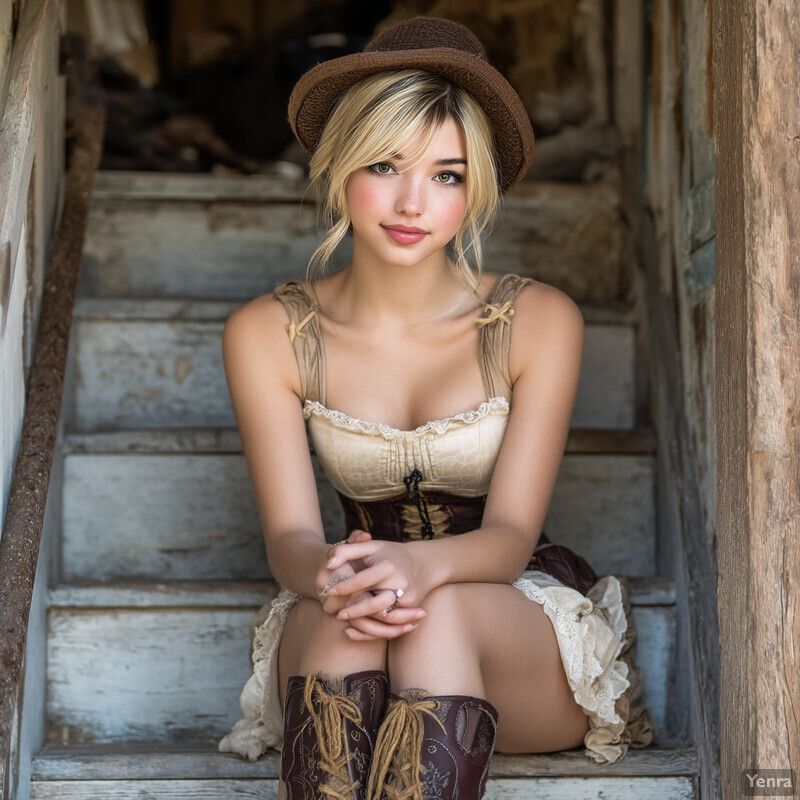 A young woman in vintage attire sits on weathered wooden steps in a rustic setting, evoking a sense of nostalgia and quiet reflection.