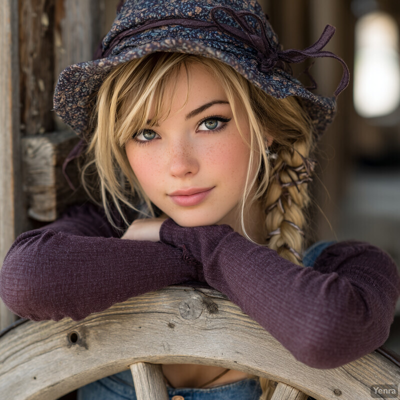 A young woman in a rustic setting, wearing a stylish hat and a maroon top, exuding a calm and contemplative demeanor.