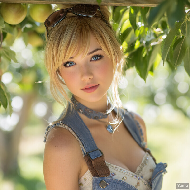 A young woman in a denim jumpsuit under a tree, surrounded by lush greenery and soft sunlight, exuding a peaceful and natural vibe.